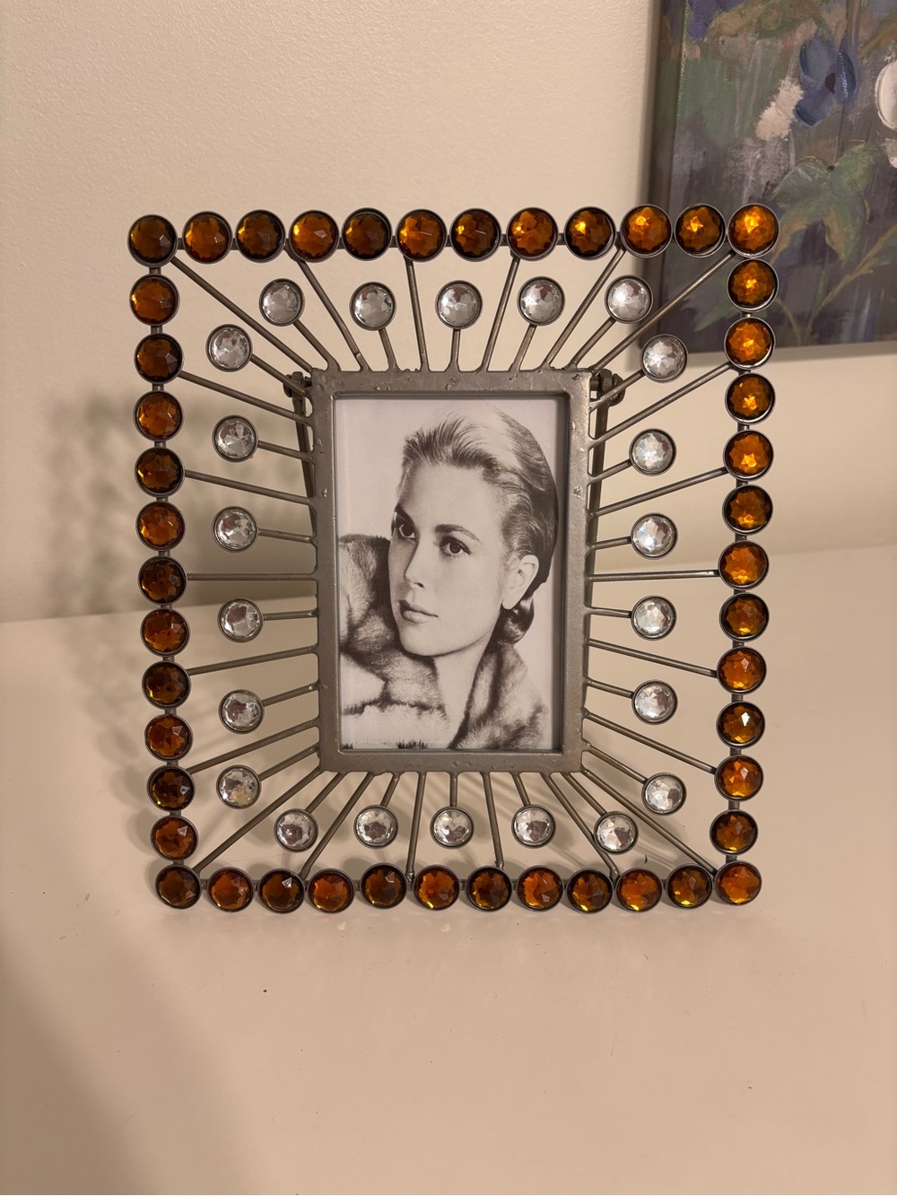 Silver Tone Jeweled Picture Frame Amber Clear “rhinestones” 4x6 Tabletop Decor